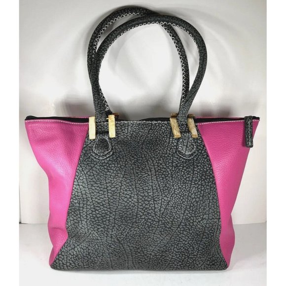 African Lily Pink and Gray Leather Tote Bag - Picture 2 of 16